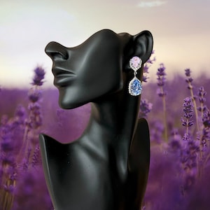 Purple | Pear halo crystal post earrings | Lavender dangle earrings for women | Bride bridesmaid mother of the bride chandelier earrings