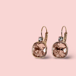 Pink | Cushion cut crystal rhinestone lever back drop earrings | Blush pink pillow cut earrings for women | Spring wedding bride jewelry
