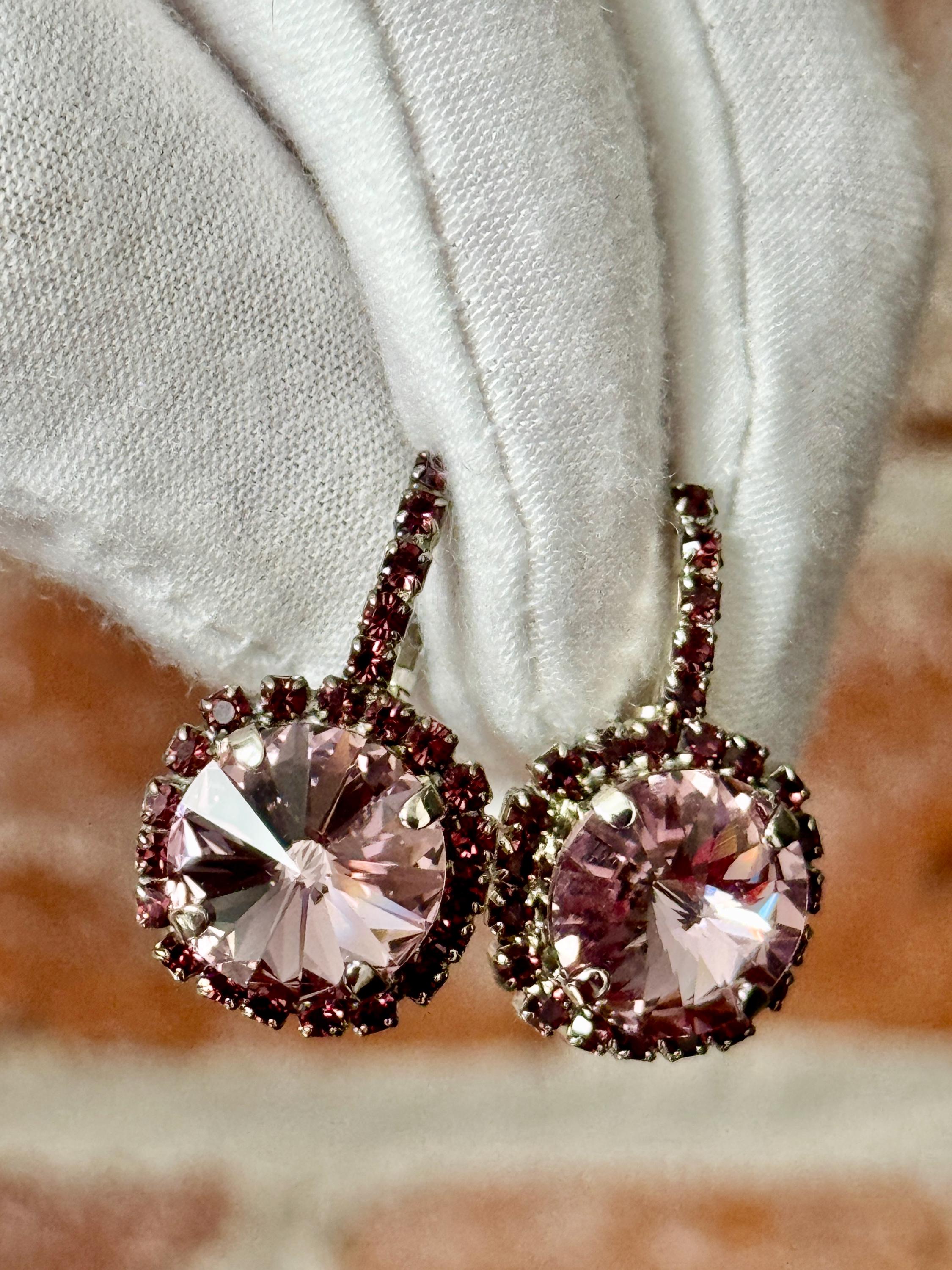 Boucles D'oreilles Dormeuses Rondes Halo Violet Avec Cristaux - Argent 925