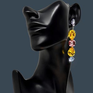 Purple, Yellow, Pink and Blue | Paris shoe inspired marquise, pear, cushion and princess cut crystal rhinestone post dangle earrings jewelry