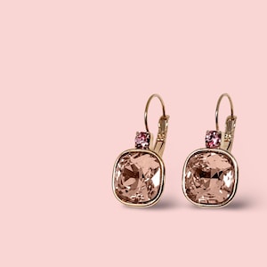 Pink | Cushion cut crystal rhinestone lever back earrings | Blush pink pillow cut drop earrings for women |  Bridal crystal earrings wedding