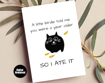 Tarjeta de cumpleaños imprimible, tarjeta de cumpleaños de gato divertido, tarjeta de gato imprimible, regalo de amante de los gatos