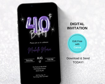 Invito digitale per il 40° compleanno, Invito digitale, Invito personalizzato, Invito per il 40° compleanno, Modello modificabile
