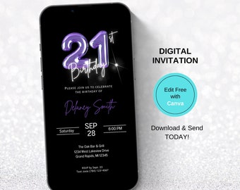 Digital 21st Birthday Invite, Digital Invitation, Personalized Invitation, 21st Digital Invite, Editable Template