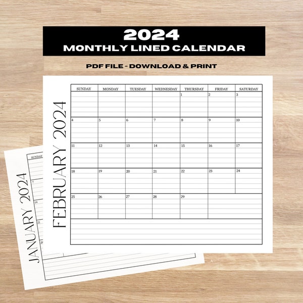 2024 Printable Calendar, 2024 Calendar Printable, Lined Monthly Calendar, 2024 Monthly Planner