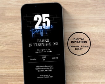 Invitación de cumpleaños número 25 para él, invitación de cumpleaños número 25, invitación personalizada de cualquier edad - Plantilla editable