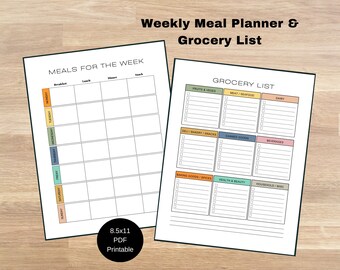 Printable Meal Planner and Grocery List, Weekly Meal Plan, Diet Planner