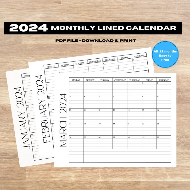 2024 Printable Calendar, 2024 Calendar Printable, Lined Monthly