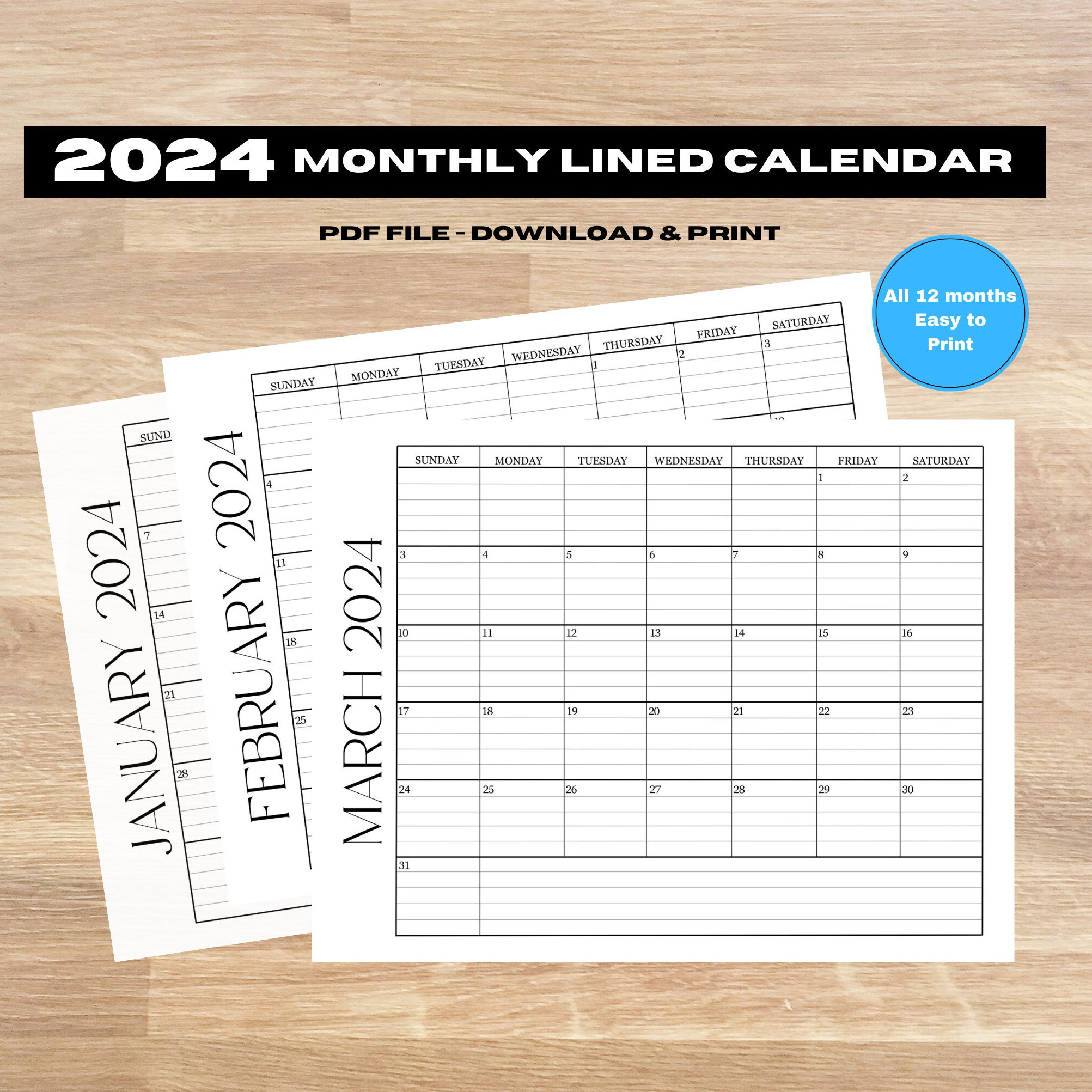 2024 Printable Calendar, 2024 Calendar Printable, Lined Monthly ...