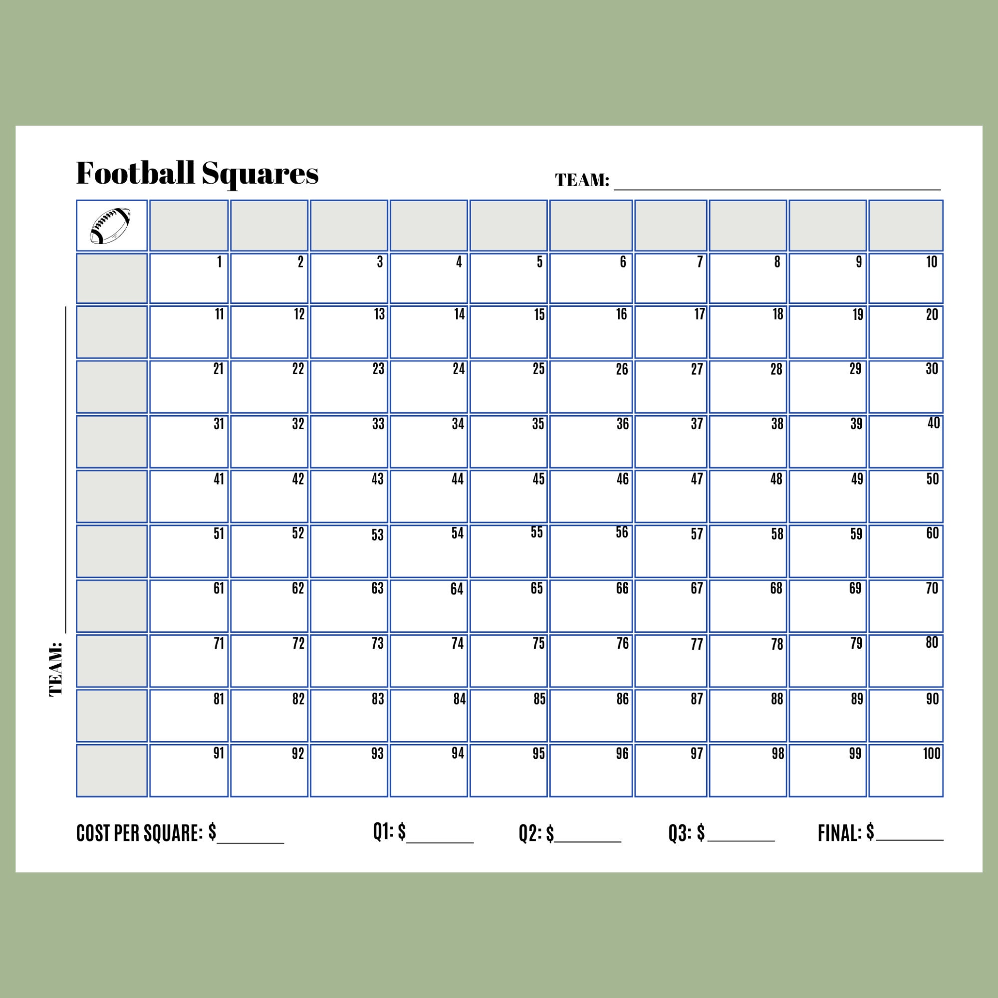 Football Squares Template 100 Squares Numbered Football Squares Etsy Football Squares Template 100 Squares Numbered Football Squares Etsy