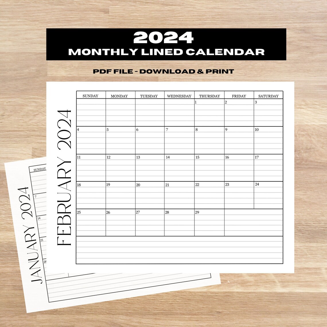 2024 Printable Calendar, 2024 Calendar Printable, Lined Monthly ...