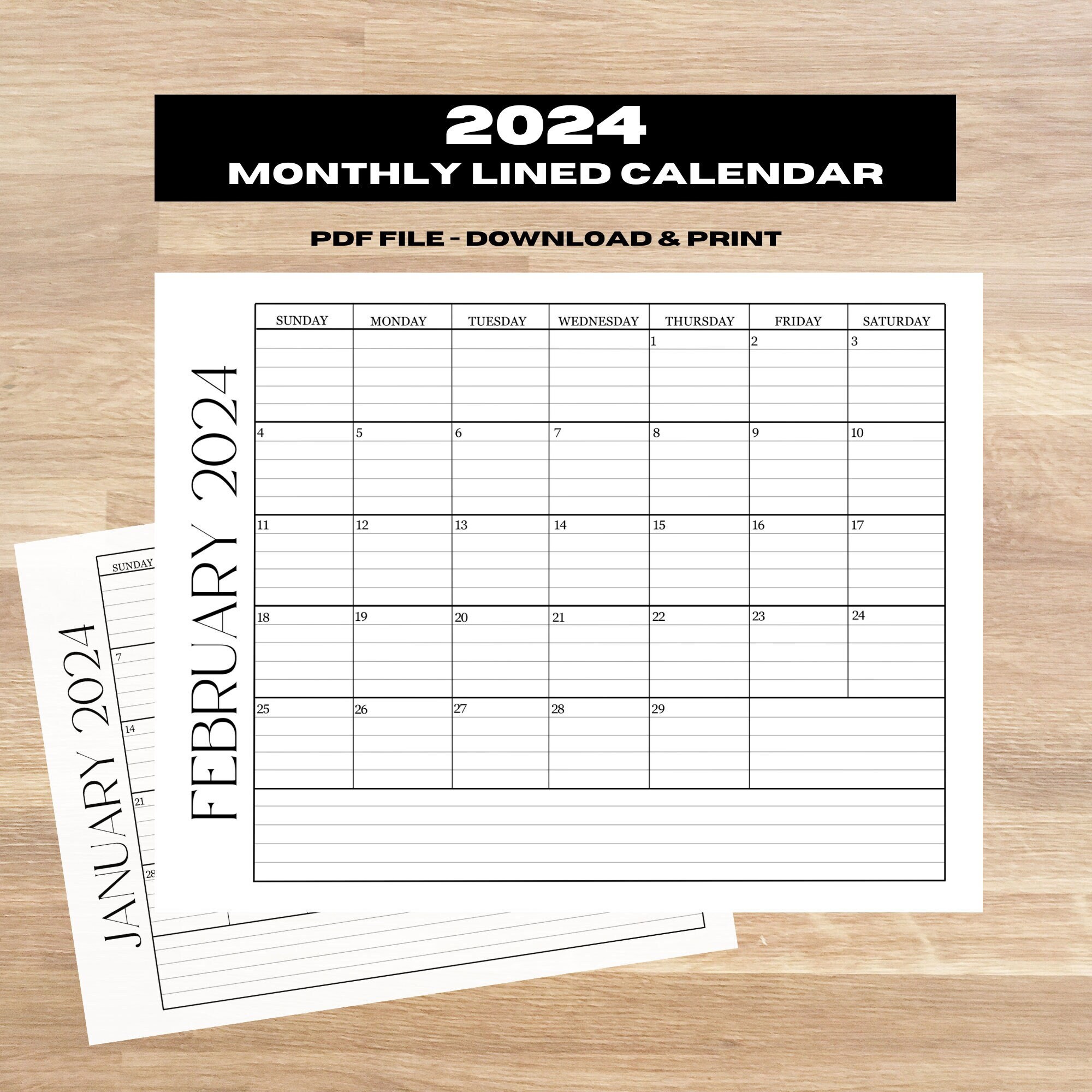 2024 Printable Calendar, 2024 Calendar Printable, Lined Monthly ...