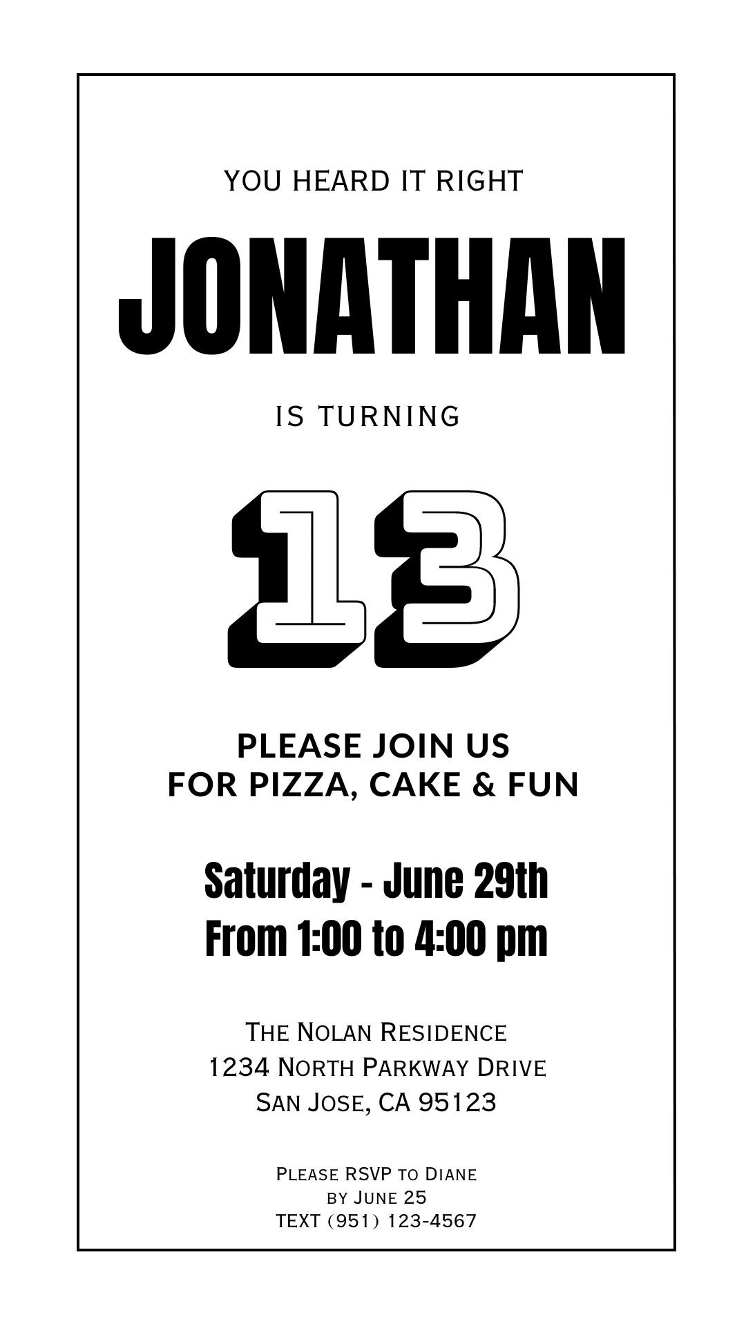 Black and White Digital Birthday Invite for Boy Any Age, Personalized