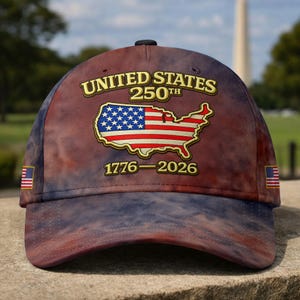 May include: A baseball cap with a tie-dye pattern in shades of brown, blue, and red. The cap features the text "UNITED STATES 250TH" in gold lettering, along with an outline of the U.S. map and the American flag. The dates "1776-2026" are also displayed.