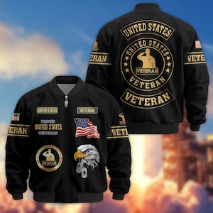 May include: Black bomber jacket featuring patriotic designs. The jacket displays the American flag, an eagle graphic, and text including "United States Veteran" and "Proud". The back of the jacket has a large circular design with the words "United States Veteran".