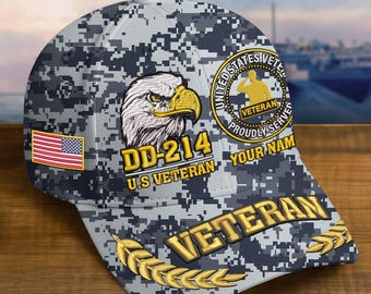 Embroidered Eagle Veterans Caps For Men - Personalized Camo Veteran Hat, DD-214 Military Ball Caps, Patriotic Hats For Men, Retirement Gifts