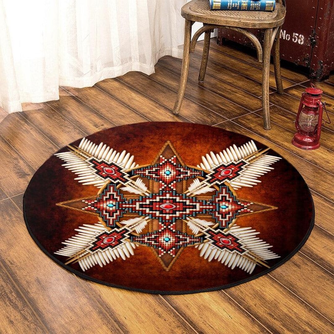 Native American Feather Star Round Area Rug, Southwestern Tribal ...