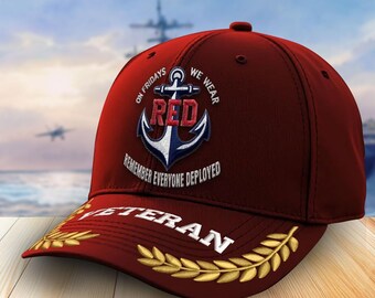 Embroidered RED Veterans Caps For Men, On Friday We Wear Red Veteran Hat, Hats Military For Men, Gift For Veteran, Military Retirement Gifts