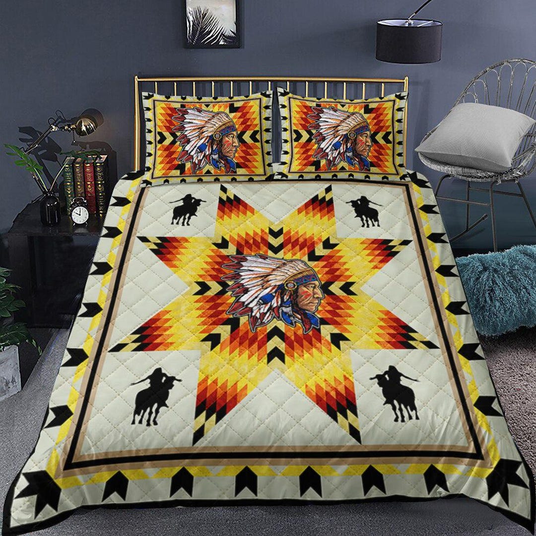 Native American Chief Star Quilt Bedding Set, Indigenous Bedspread ...