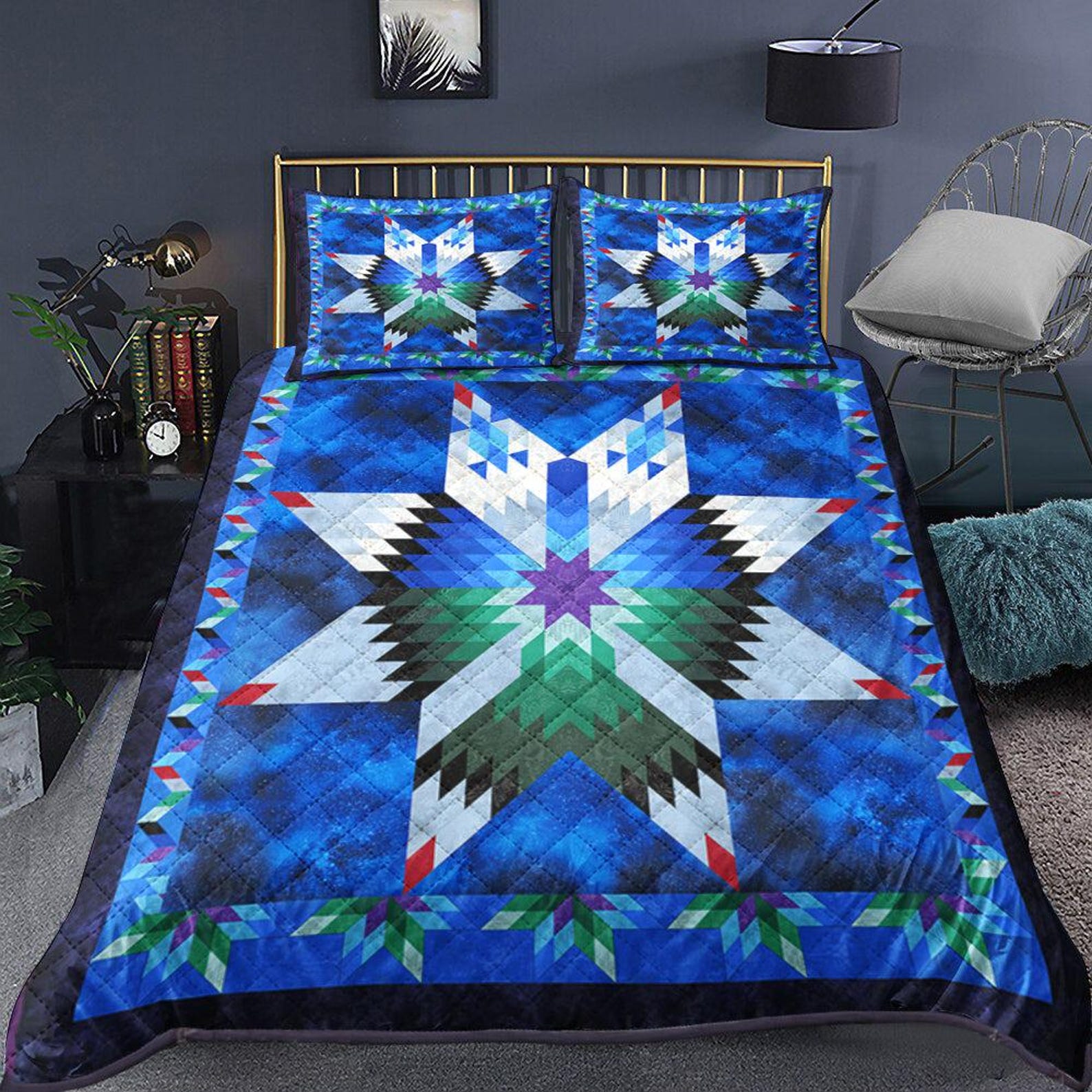 Native American Star Quilt Bedding Sets, Blue Indigenous Bedspread ...