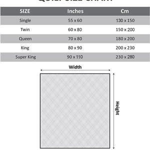 K&ouml;nnte beinhalten: Eine Steppdeckengr&ouml;&szlig;entabelle mit Ma&szlig;en in Zoll und Zentimetern. Gr&ouml;&szlig;en sind Einzelbett (130 x 150 cm), Doppelbett (150 x 200 cm), Queen (180 x 200 cm), King (200 x 230 cm) und Super King (230 x 280 cm).