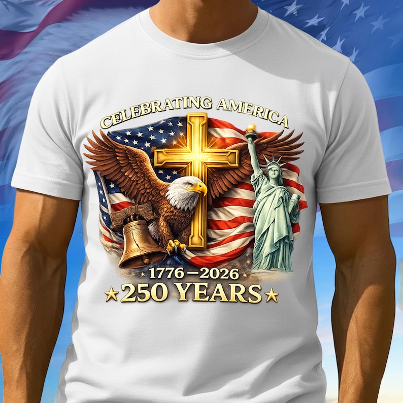 May include: White t-shirt featuring a patriotic design. The graphic includes an eagle, a cross, the Statue of Liberty, and a US flag. Text reads "Celebrating America" and "250 Years" with the years 1776-2026.