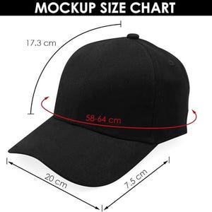 May include: Black baseball cap with a curved brim. The cap's dimensions are shown: 20 cm brim length, 7.5 cm brim height, and a crown diameter of 17.3 cm. The cap fits head sizes 58-64 cm. The text "MOCKUP SIZE CHART" is at the top.