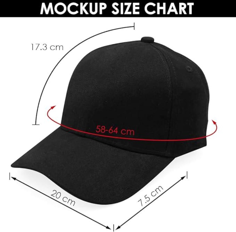 May include: Black baseball cap with a curved brim. The cap's dimensions are shown: 20 cm brim length, 7.5 cm brim height, and a crown diameter of 17.3 cm. The cap fits head sizes 58-64 cm. The text "MOCKUP SIZE CHART" is at the top.