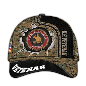 Camo US Veteran Hat – Patriotic Veteran Baseball Cap, Personalized Military Retired Hats, Gift For Veterans Day, Adjustable Tactical Cap