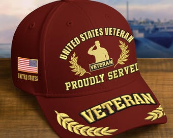Embroidered Veterans Hats - Custom Military Hats For Men, Gift For Veteran, Embroidered Patch Design, Adjustable Baseball Cap