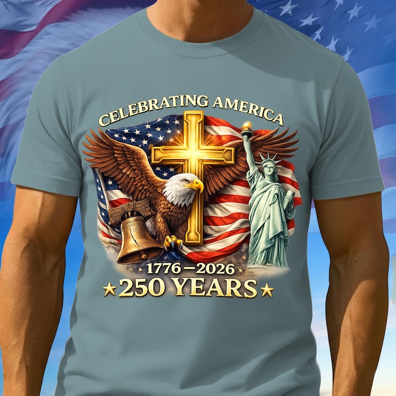 May include: Pale blue t-shirt featuring a patriotic design. The graphic includes a golden cross, an American flag, an eagle, the Statue of Liberty, and the text "Celebrating America 1776-2026 250 YEARS".