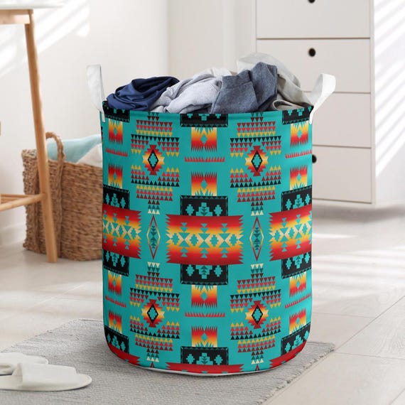 Native Laundry Baskets, Tribal Hamper, Indian Navajo Basket, Blue