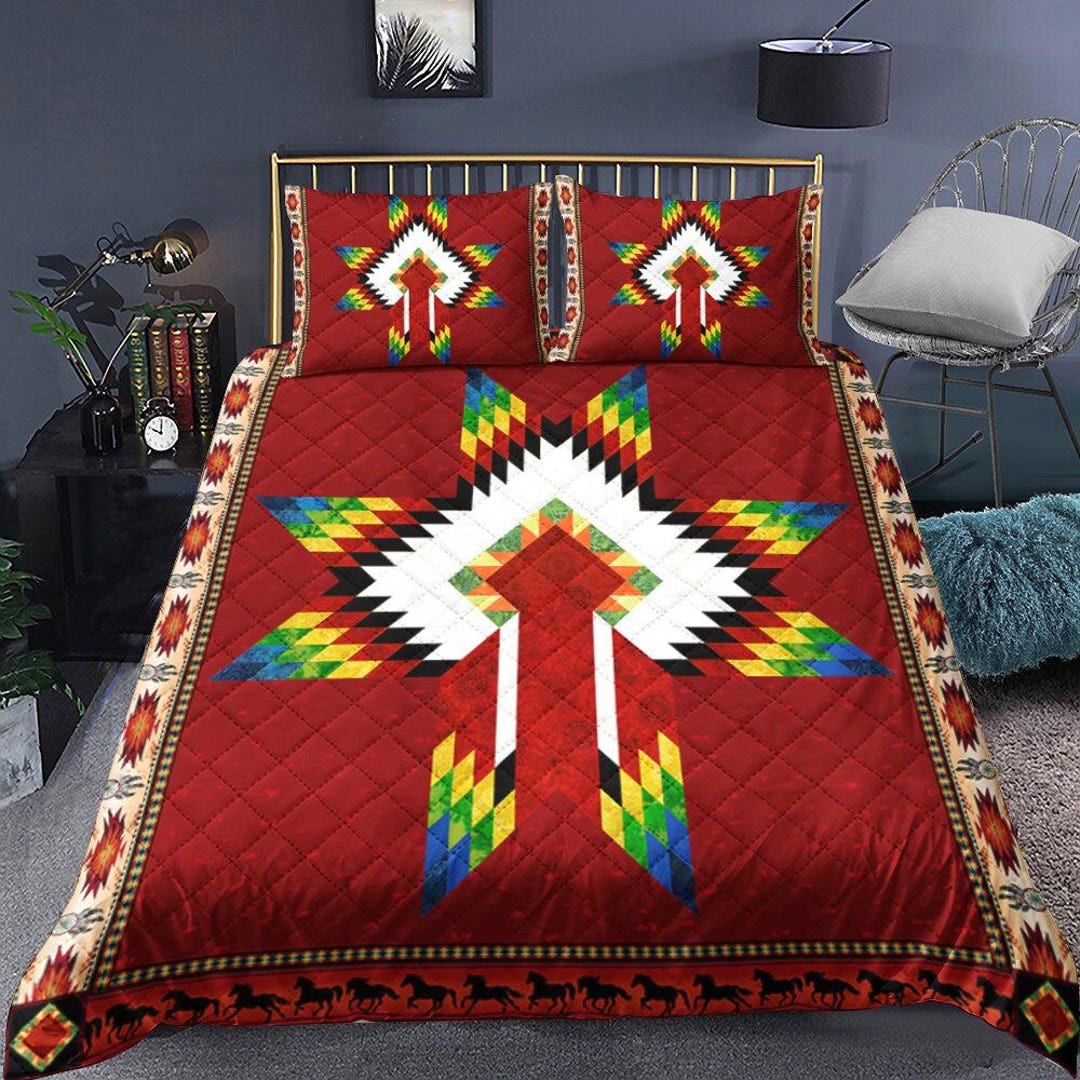 Native American War Bonnet Quilt Bedding Set, Indigenous Bedspread ...