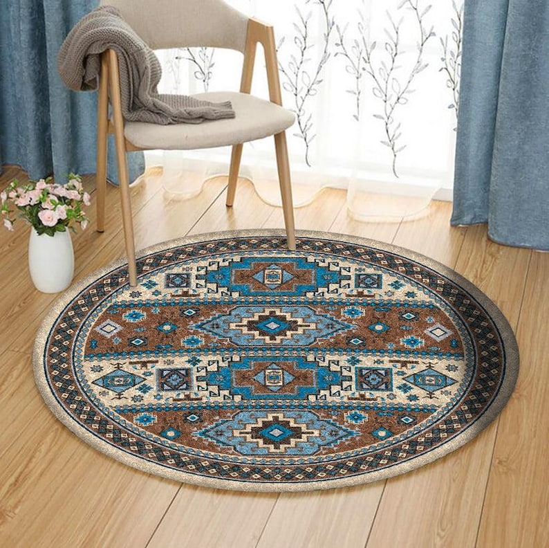 United Tribes Native American Area Rug, Brown Cherokee Tribal Round Rug ...