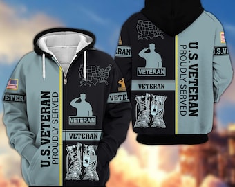 May include: A zip-up hoodie with a design for U.S. veterans. The hoodie is split vertically, with a light blue and black color scheme. The design includes the text "U.S. Veteran Proudly Served", a saluting soldier silhouette, a map of the U.S., and military boots.