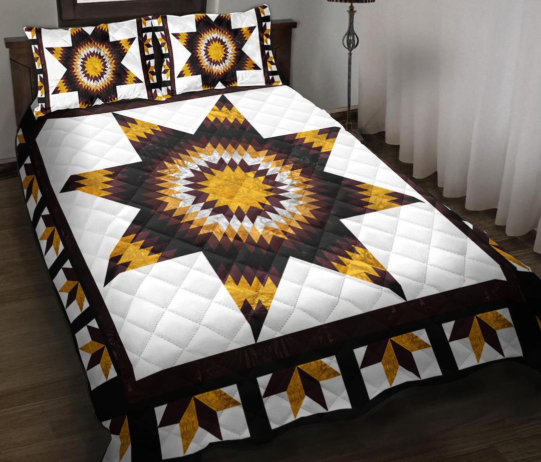 Native American Star Quilt Bedding Sets, Yellow Indigenous Bedspread ...