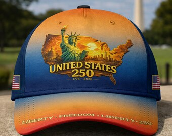 Gorra de béisbol del Semiquinto Centenario de América 250 1776-2026, gorra patriótica con el mapa de EE. UU. al atardecer y la Estatua de la Libertad, regalos del 4 de julio