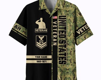 Personalized Veteran Hawaiian Shirt, Camo Pattern Full Size S-5XL Button Down Shirt, Veteran's Day Gifts