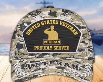 Embroidered Veteran Hats - Customized Proudly Served Camo Veteran Cap, Embroidered Patch Design, Adjustable Baseball Cap, Veteran Gifts