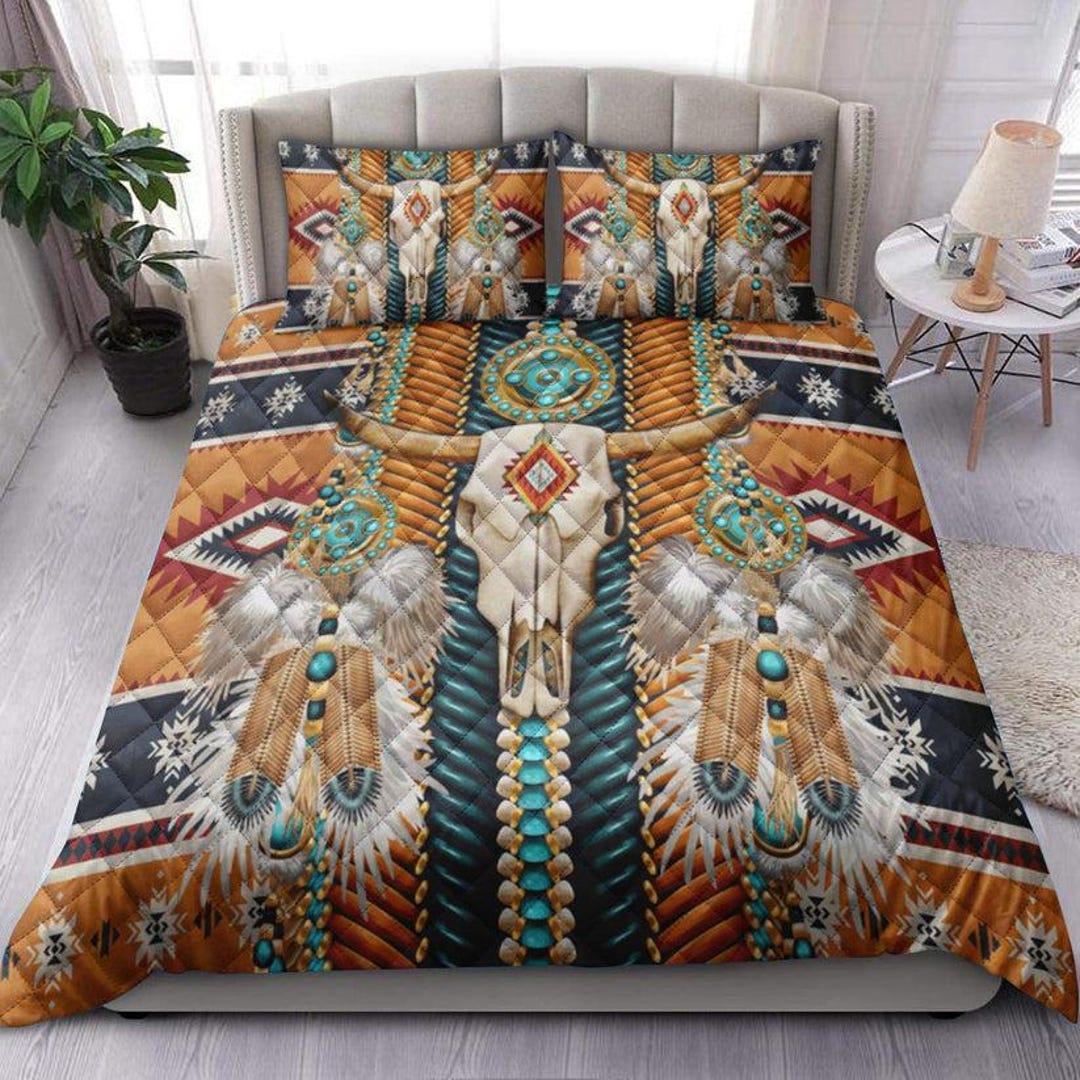 Native American Skull Bedding Set, Tribal Bull Skull Quilt Bedspread ...