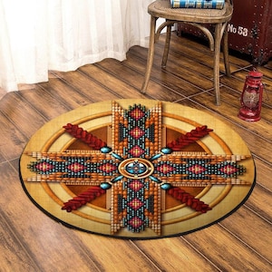 Native American Compass Round Area Rug, Tribal Beaded Pattern Rug, Southwestern Indigenous Floor Decor, Tribal Gifts