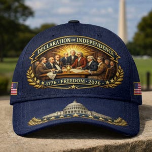 May include: A navy blue baseball cap featuring a gold emblem with the text "DECLARATION OF INDEPENDENCE" and the date "1776 - FREEDOM - 2026". The cap also displays an image of the U.S. Capitol building and American flags.