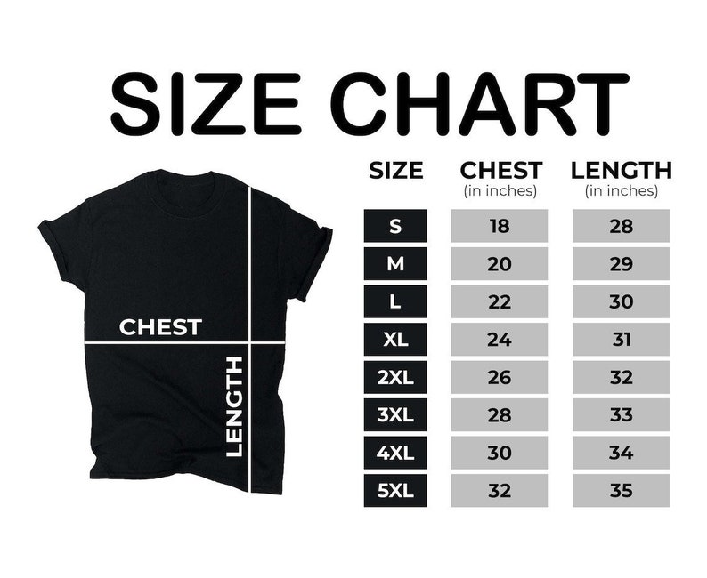 May include: Black t-shirt with a size chart. The chart lists sizes S to 5XL, with corresponding chest measurements from 18 to 32 inches and lengths from 28 to 35 inches. The text "SIZE CHART" is at the top.