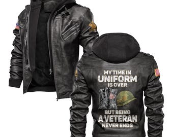 Chaquetas de cuero para veteranos, chaquetas de cuero con el lema "Ser veterano nunca termina", chaqueta de cuero militar, ideal para regalos del 4 de julio.