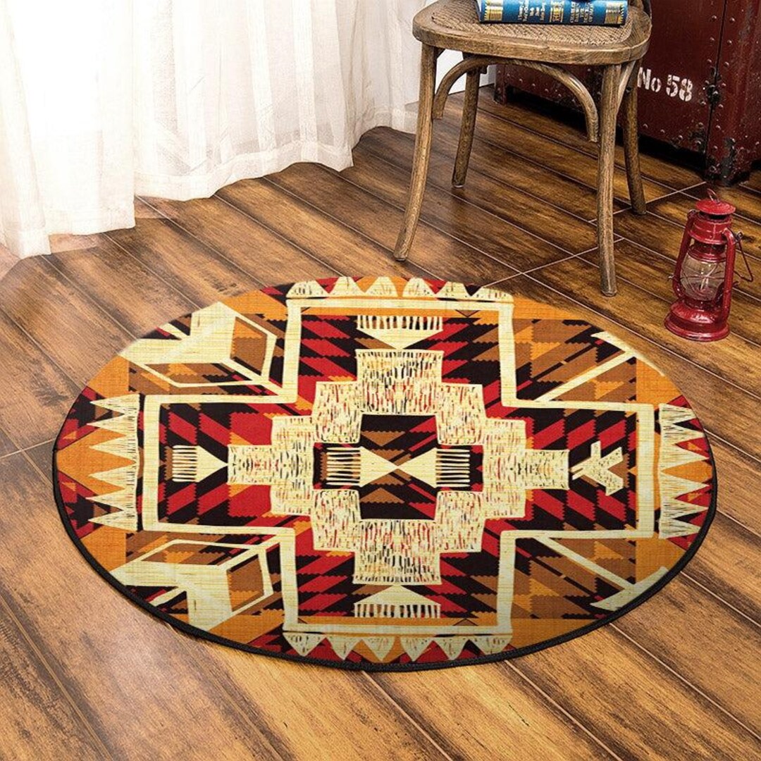 Native Motif Rugs Southwestern Native American Round Area Rug, Tribal Geometric Rug ...