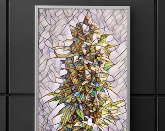 May include: A framed art print featuring a stylized, mosaic-like depiction of a plant. The artwork showcases a vibrant mix of green, yellow, and brown hues, with a touch of red at the top. The image is set against a light background with a silver frame.
