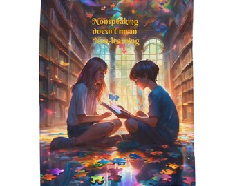 May include: Two children sit on the floor of a library, surrounded by bookshelves and colorful puzzle pieces. They are looking at a book together. The text on the wall reads "Nonspeaking doesn't mean Non-learning."