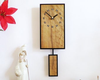 Exotic Wood Wall Clock. Pendulum Wall Clock in olive wood with an old ebony frame, pendulum and inlaid squares. Small Rectangle Clock.