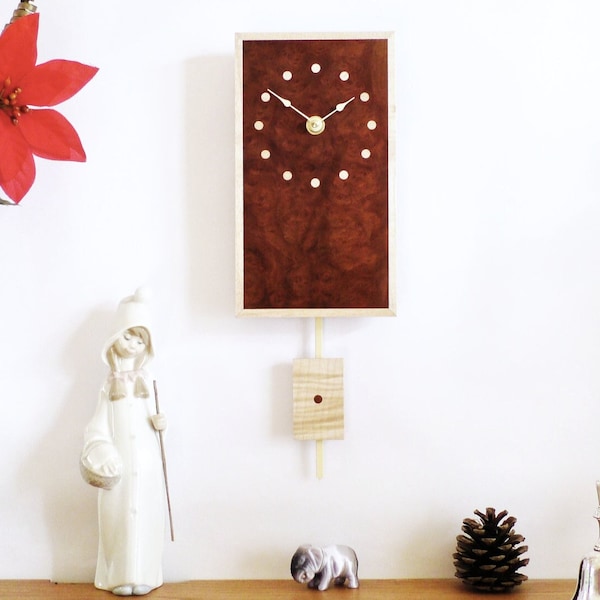 Exotic Wood Wall Clock. Pendulum Wall Clock in burr madrone with a ripple sycamore pendulum and inlaid sycamore dots. Small Rectangle Clock.