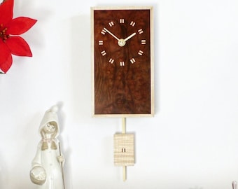 Exotic Wood Wall Clock. Pendulum Clock in burr madrone and sycamore with a ripple sycamore pendulum & inlaid dots. Small Rectangle Clock.